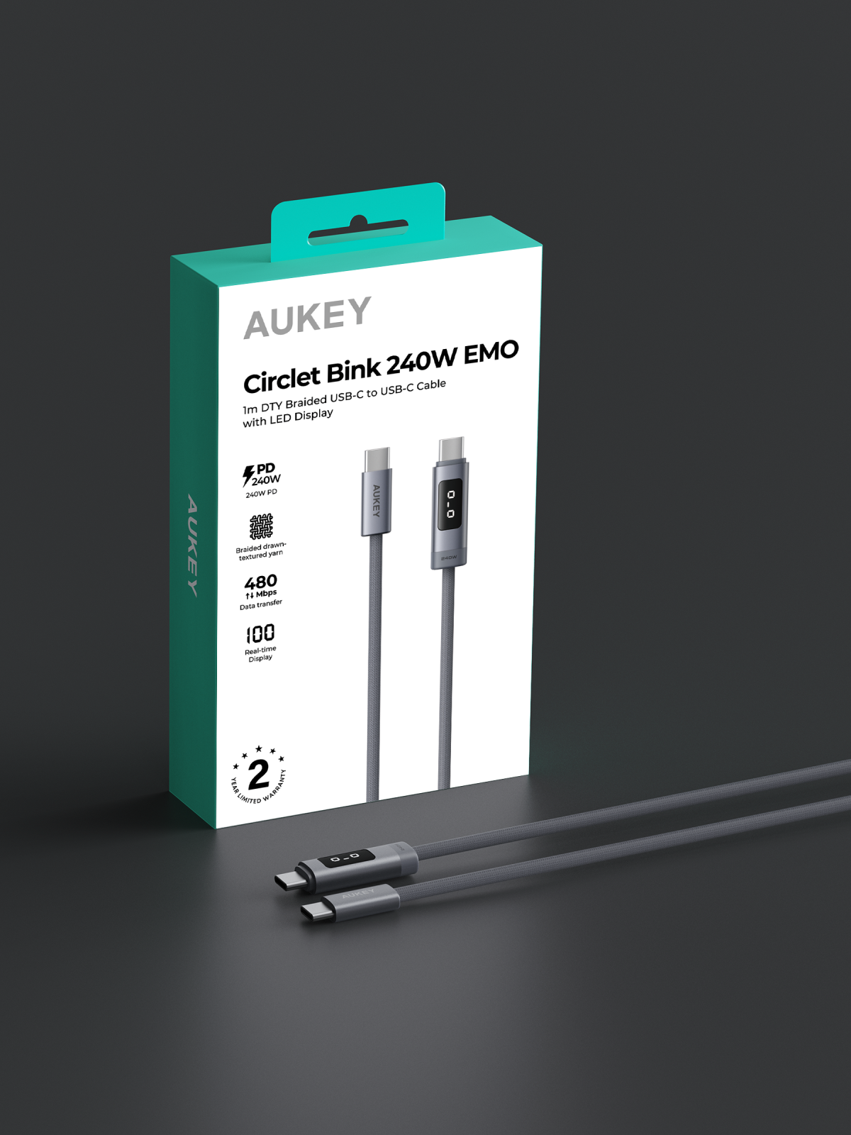 Aukey CB-DCC245 / CB-DCC246 Circlet Bink 240W EMO 1m / 2m DTY Braided USB-C to USB-C Cable w/ LED Display
