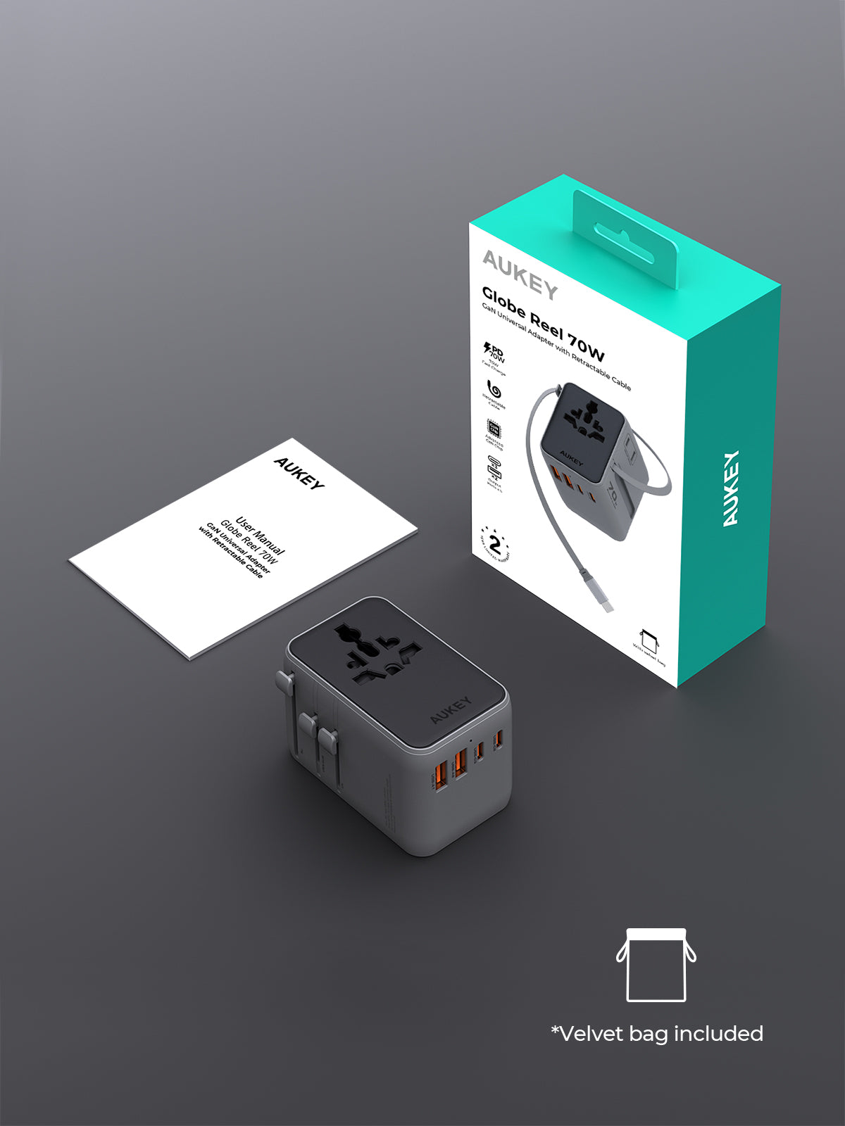 PA-TA14 70W Globe Reel 4-Port GaN Universal Fast Charging Travel Adapter w Retractable Type C Cable