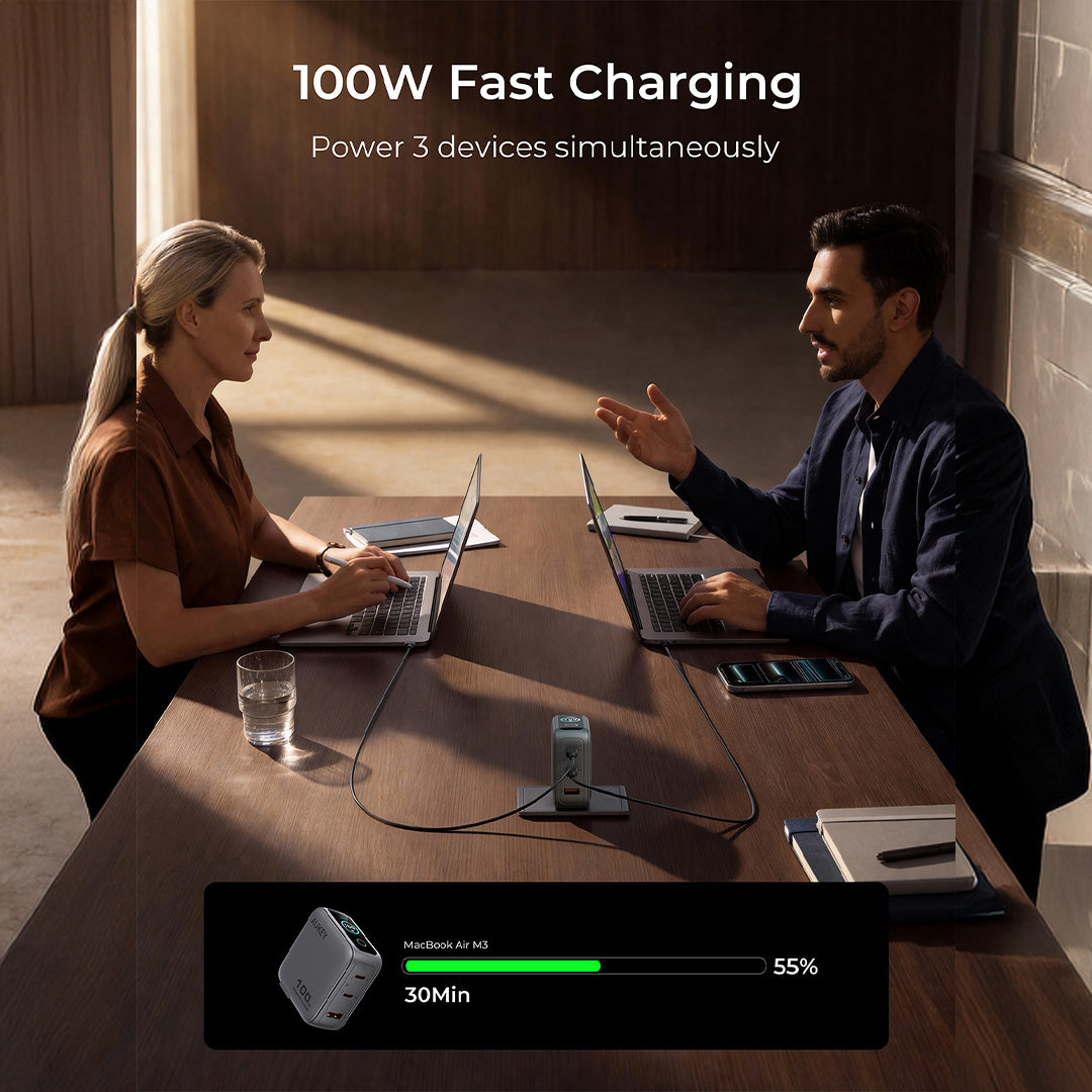 Aukey PA-B9U Nova PinS 100W GaN Wall Charger Smart Display EU UK US TH Interchangeable Plugs