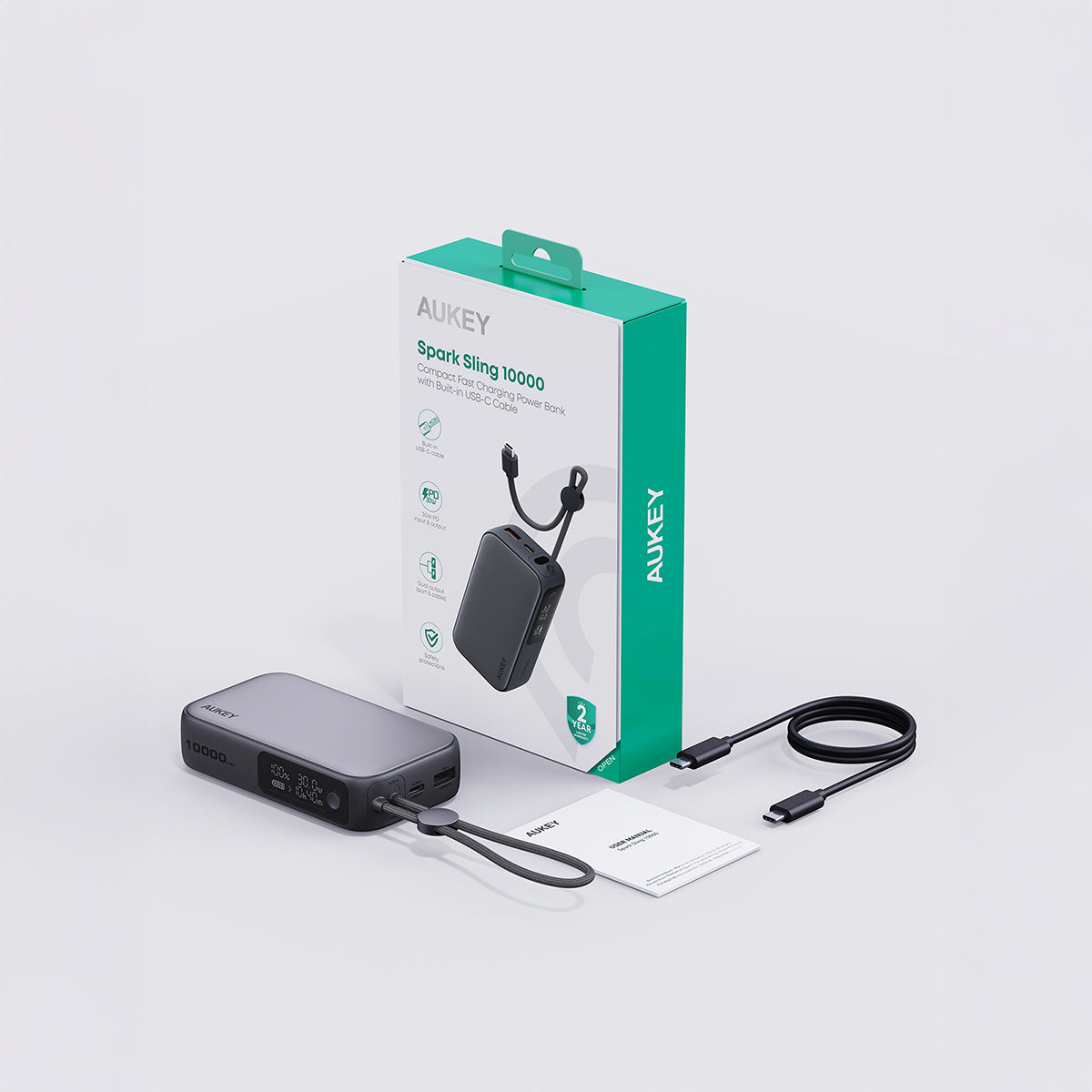 PB-Y47 Spark Sling 10000mAh 30W PD Power Bank With Built in USB C Cable