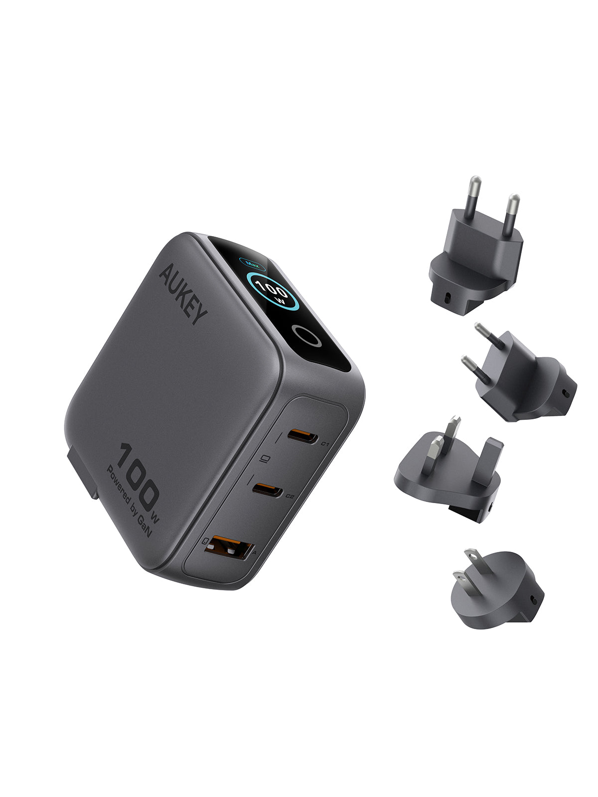 Aukey PA-B9U Nova PinS 100W GaN Wall Charger Smart Display EU UK US TH Interchangeable Plugs
