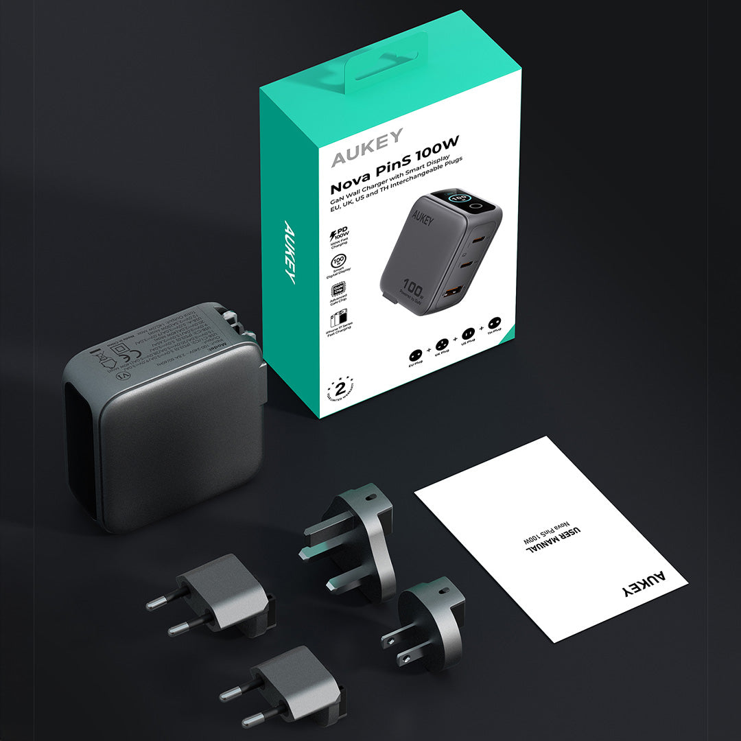 Aukey PA-B9U Nova PinS 100W GaN Wall Charger Smart Display EU UK US TH Interchangeable Plugs