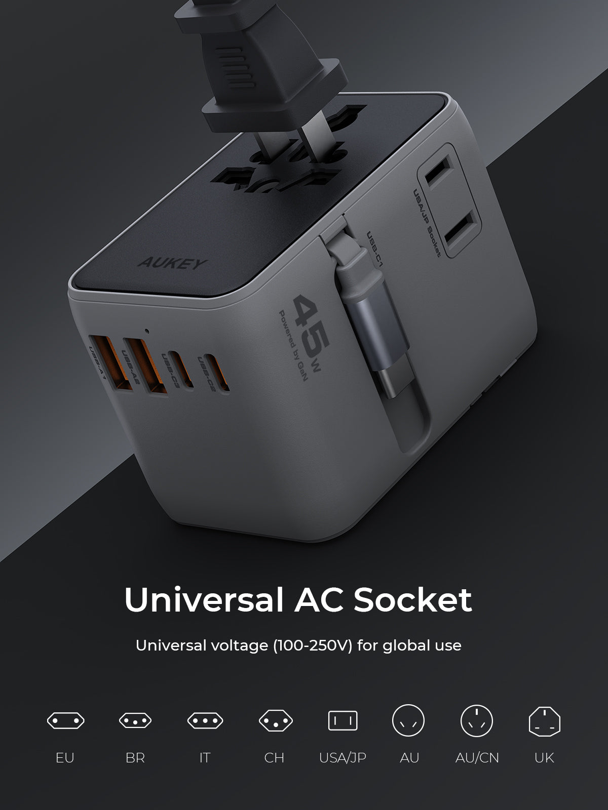 PA-TA13 45W Globe Reel 4-Port GaN Universal Fast Charging Travel Adapter w Retractable Type C Cable