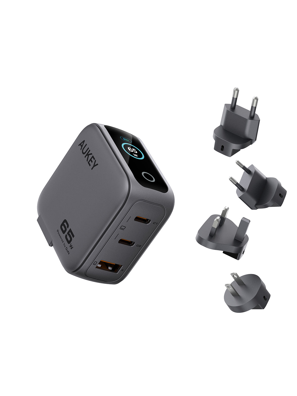 Aukey PA-B8U Nova PinS 65W GaN Wall Charger Smart Display EU UK US TH Interchangeable Plugs