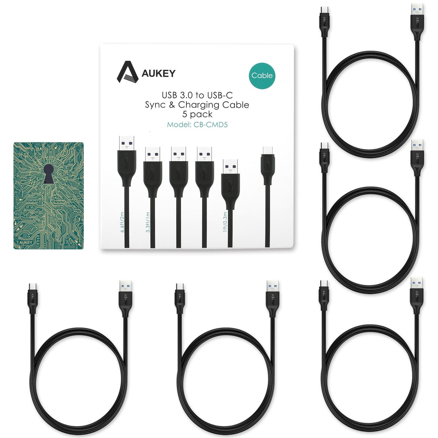 AUKEY CB-CMD5 - USB C Cable to USB 3.0 A 1m X 3 2m X 1 30cm X 1 (5 Pack) - Aukey Malaysia Official Store