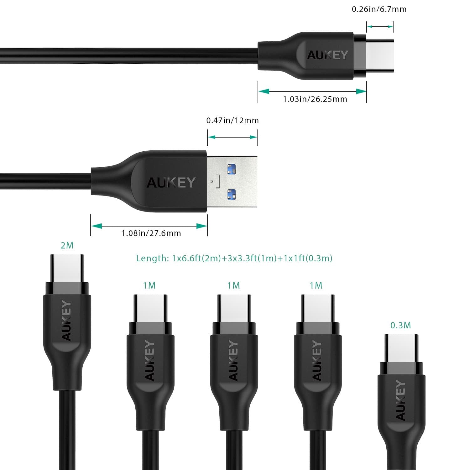 AUKEY CB-CMD5 - USB C Cable to USB 3.0 A 1m X 3 2m X 1 30cm X 1 (5 Pack) - Aukey Malaysia Official Store