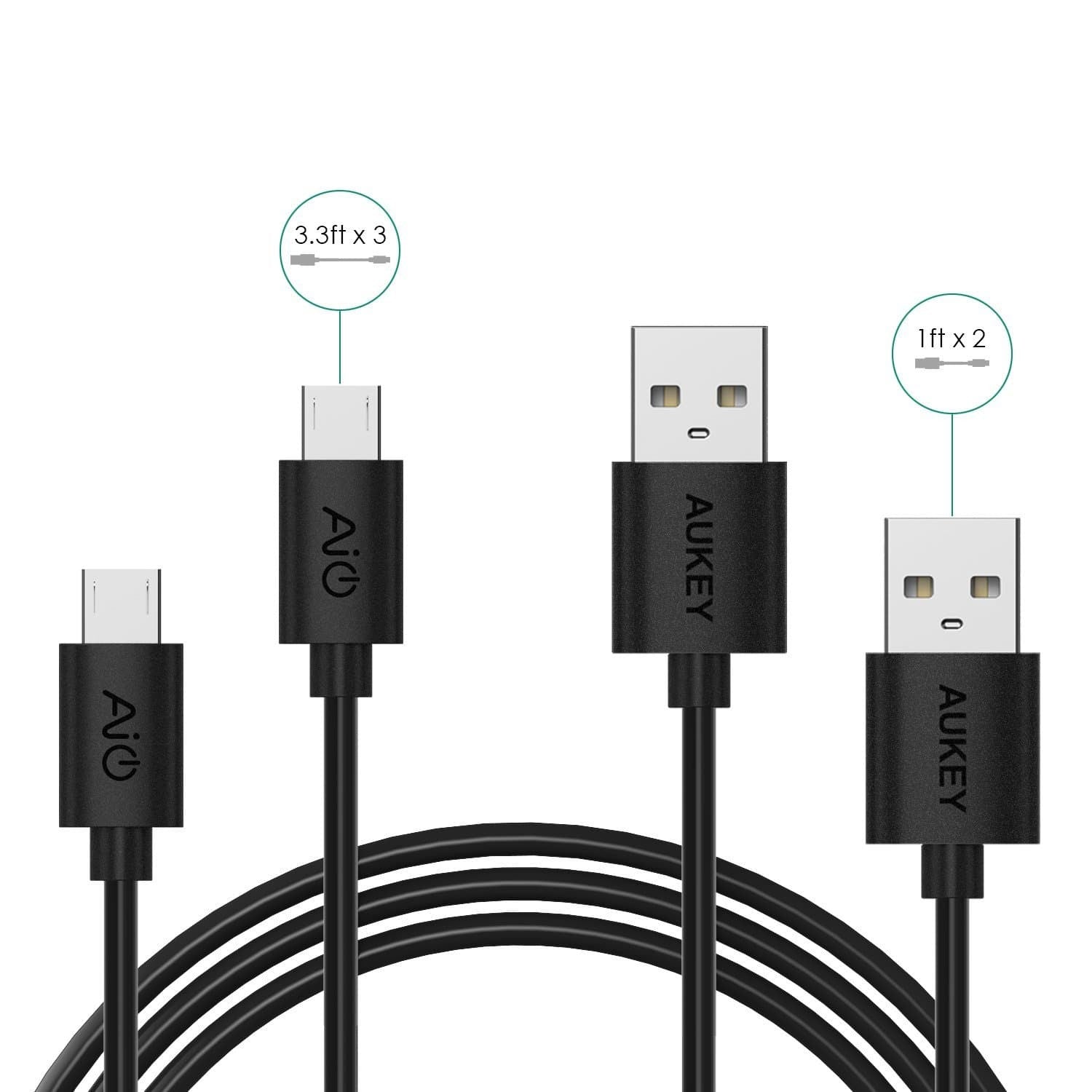 AUKEY CB-D5 Qualcomm Quick Charge 2.0 3.0 Micro USB 2.0 Cable (3 X 1 M 1X 2M 1 X 0.3m) 5 Pack - Aukey Malaysia Official Store