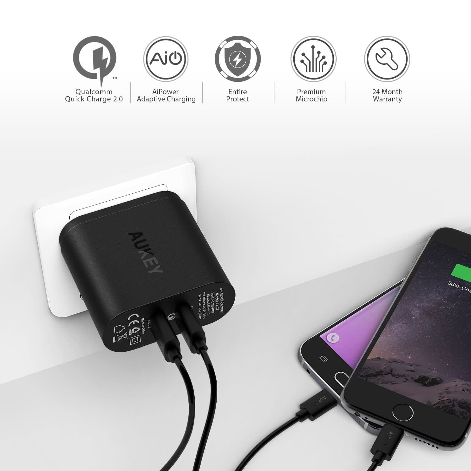 AUKEY PA-T7 36W Dual Qualcomm Quick Charge 2.0 Charger - Aukey Malaysia Official Store