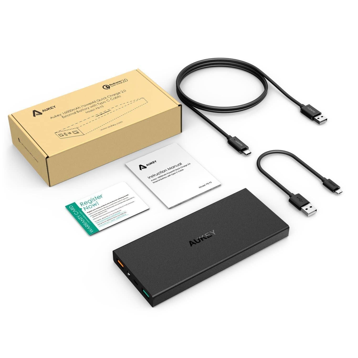 AUKEY PB-Y2 16000mAh Qualcomm Quick Charge 2.0 Power Bank With USB C Cable - Aukey Malaysia Official Store