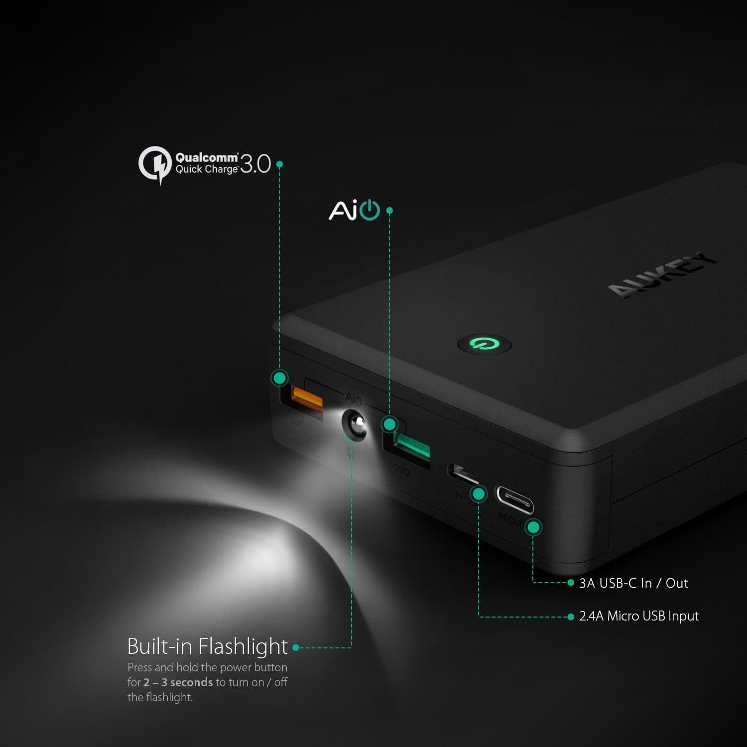 AUKEY PB-Y3 30000mAh Qualcomm Quick Charge 3.0 Power Bank With USB C Output - Aukey Malaysia Official Store