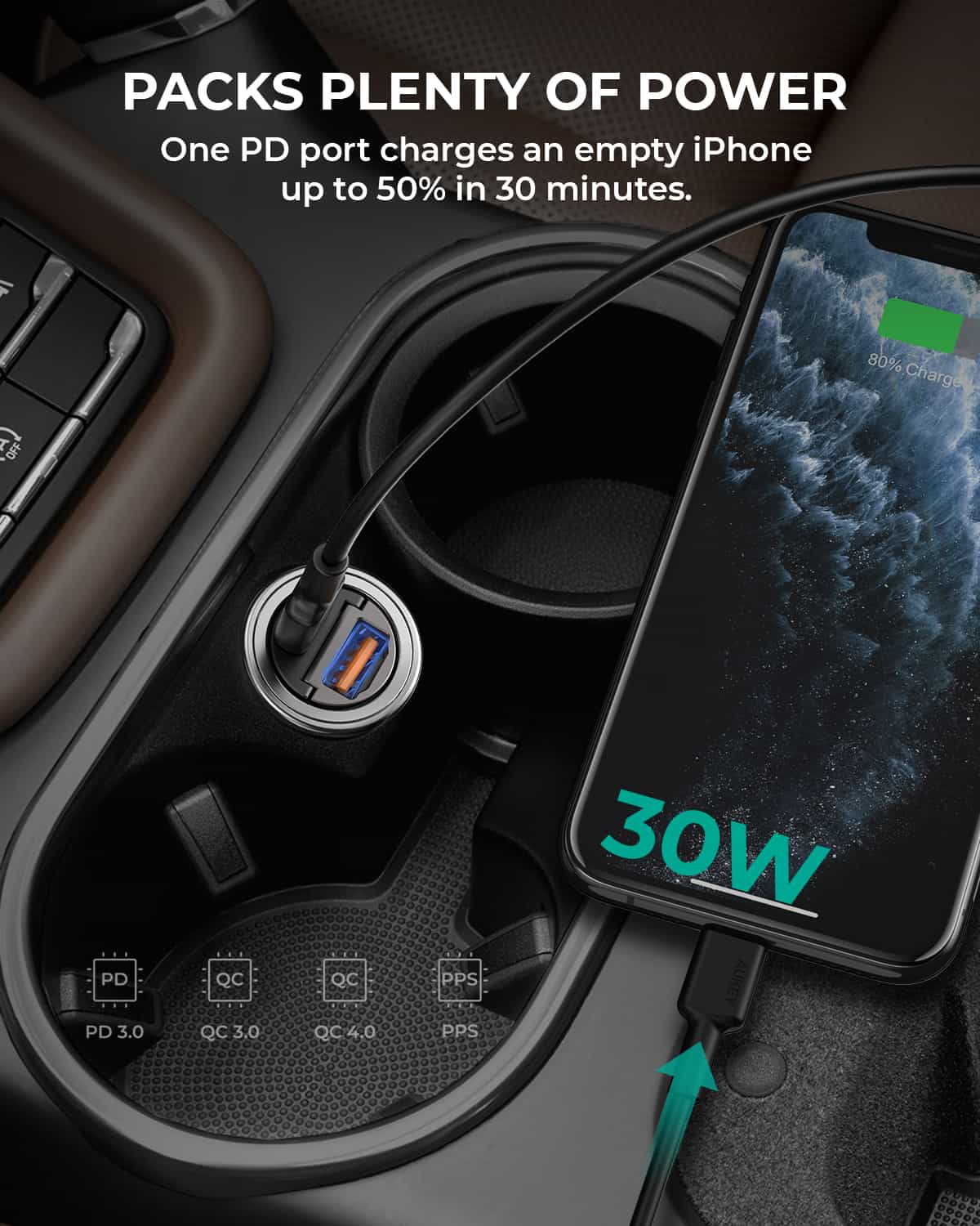 CC-A3 30W PD Metal Dual Port Fast Car Charger with PPS & QC 3.0