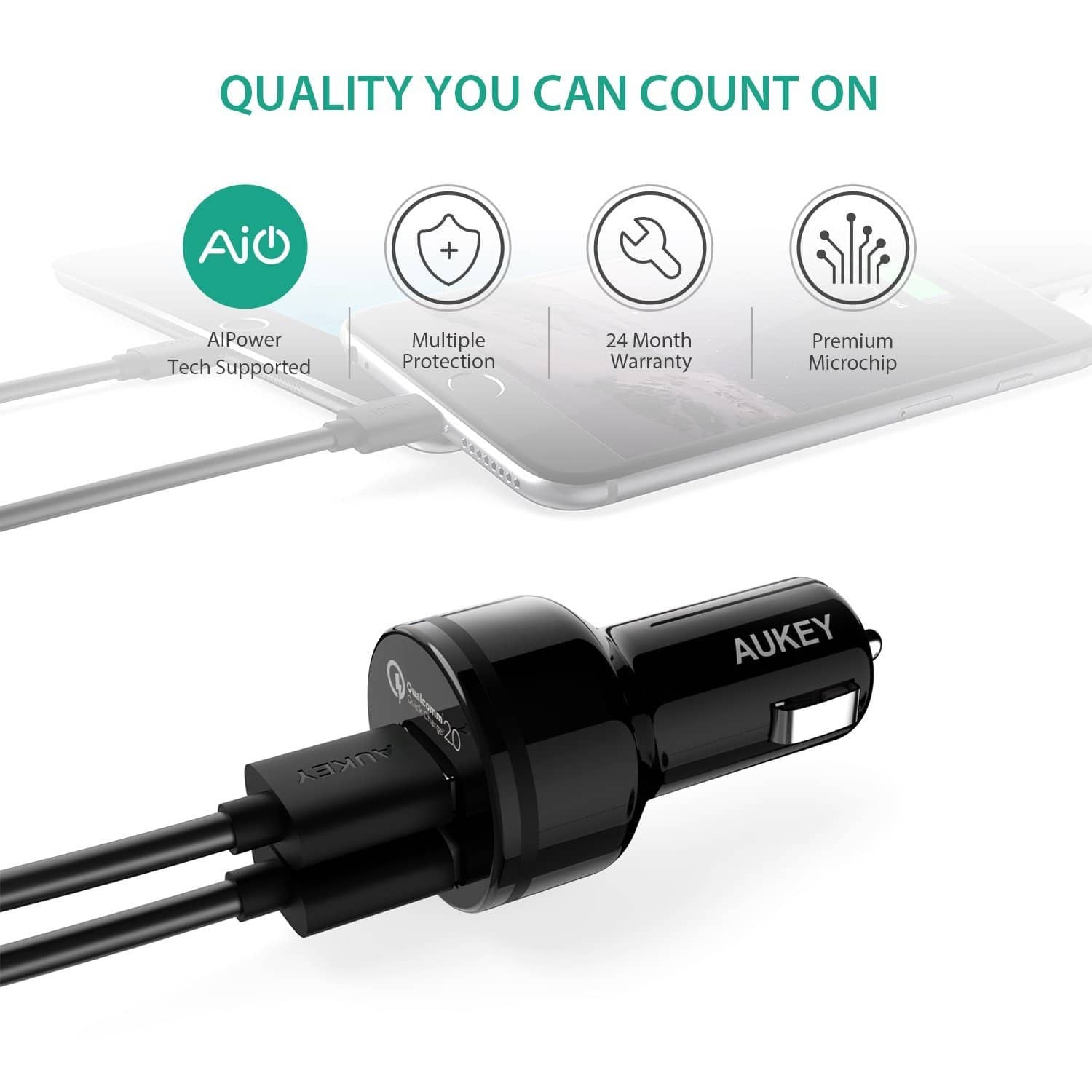 AUKEY CC-T6 36W Dual Ports USB Qualcomm Quick Charge 2.0 Car Charger - Aukey Malaysia Official Store