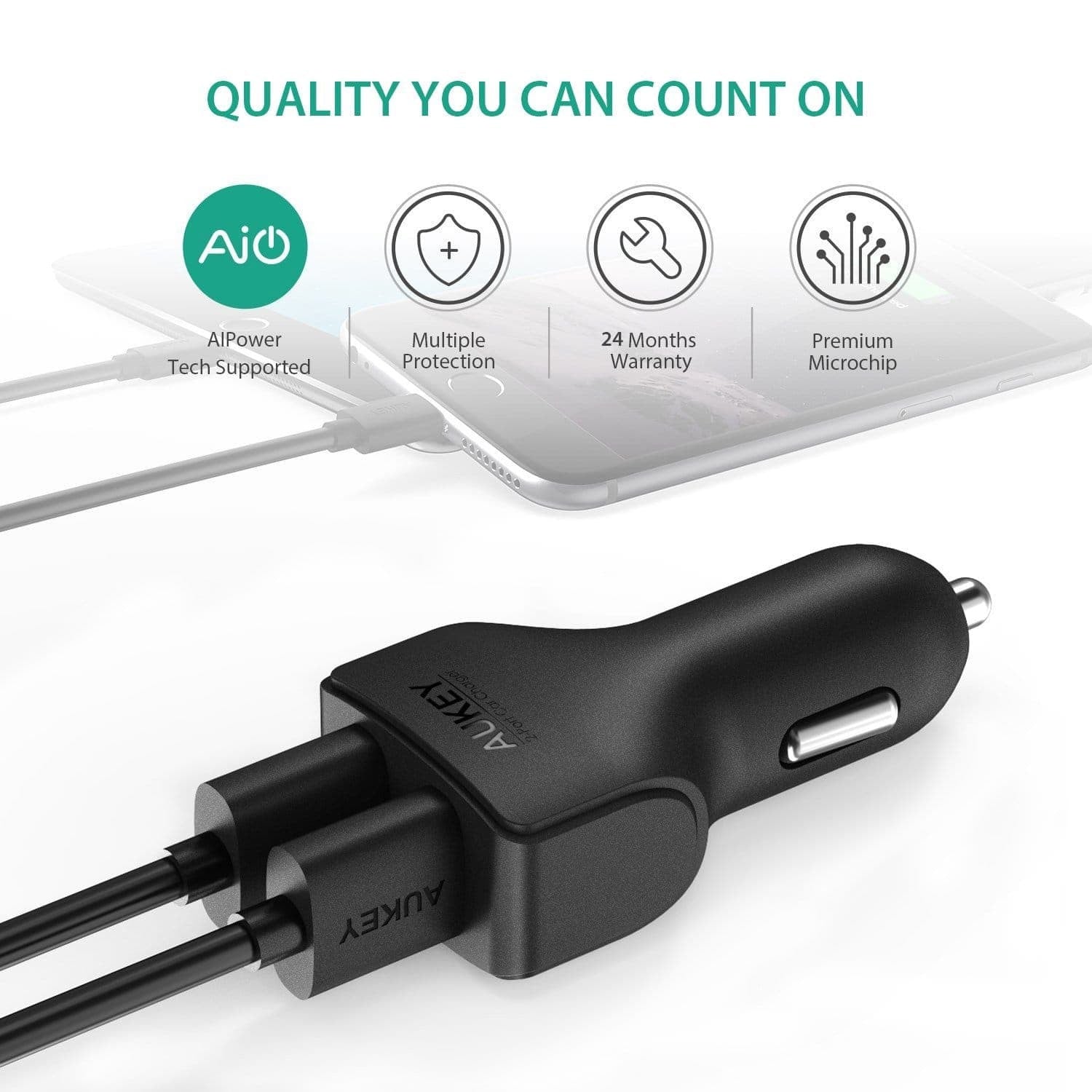 AUKEY CC-S3 24W 4.8A Compact Dual Port Car Charger with AiPower - Aukey Malaysia Official Store