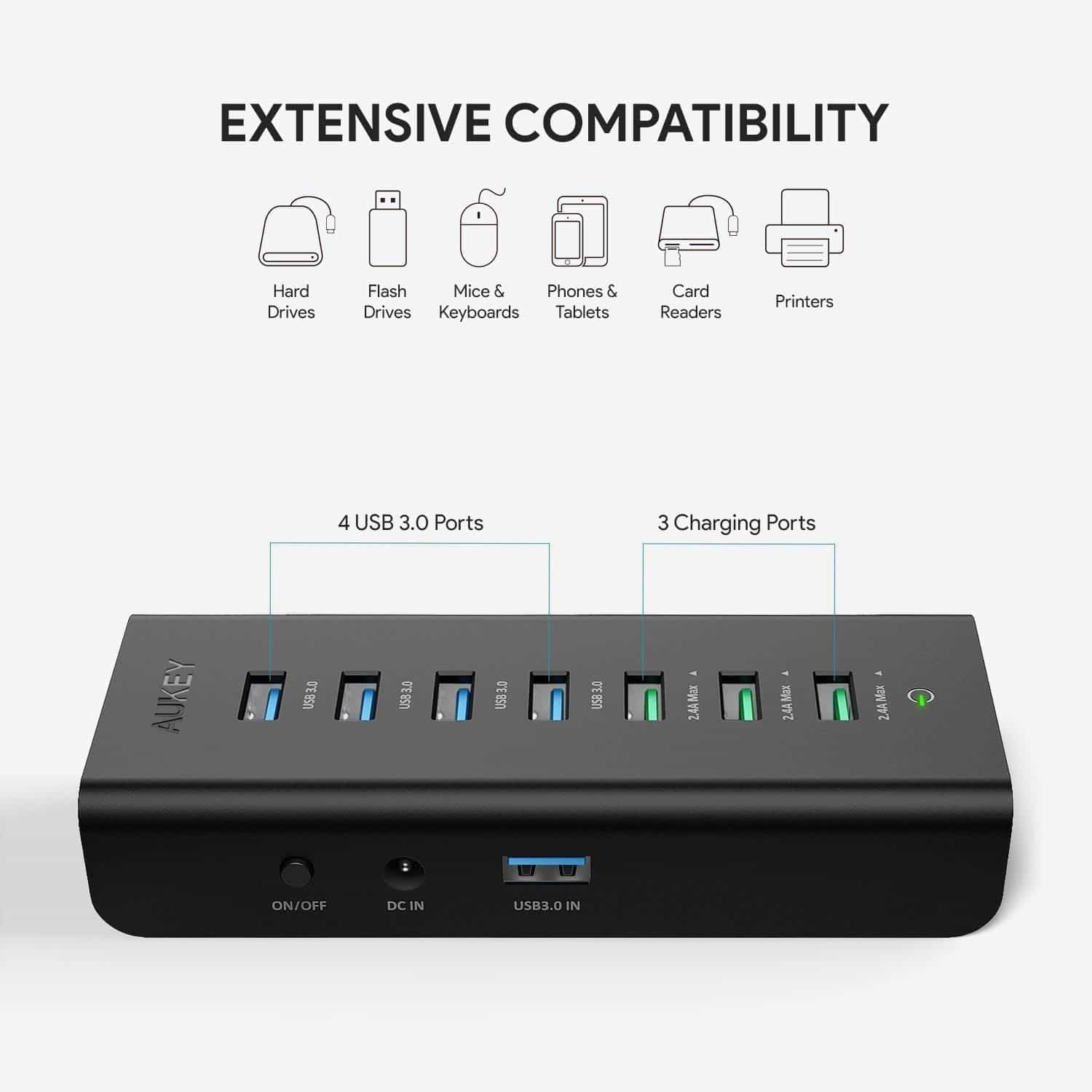 CB-H19 Powered USB Hub with 3 Charging Ports and 4 USB 3.0 Data Ports